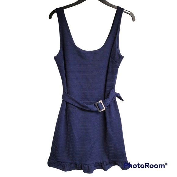 City Studio Navy Blue Fit And Flare Belted Dress - Picture 3 of 7